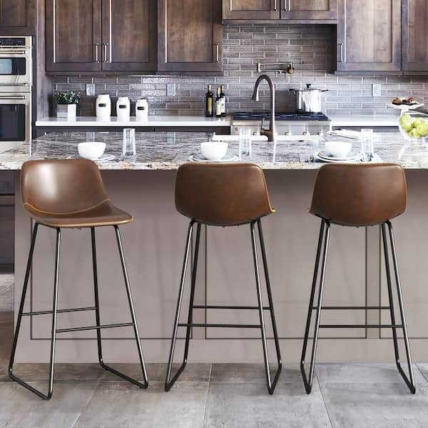 LUE BONA Alexander 30 in. Dark Brown Faux Leather Bar Stool Low Back Metal Frame Counter Height Bar Stool (Set of 5)