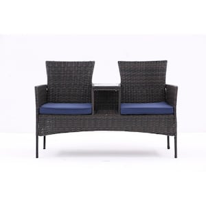Brown Wicker Outdoor Loveseat with Blue Cushions, Built-in Coffee Table, Tempered Glass Top And Removable Cushions