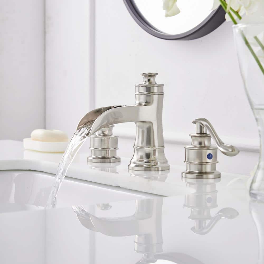 Brushed Nickel 8-Inch Widespread Waterfall Bathroom Faucet
