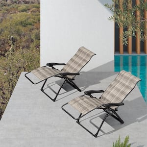 Outdoor Patio Recliner Chair Zero Gravity Wicker Rattan Lounge Folding Chair in Grey (Set of 2)