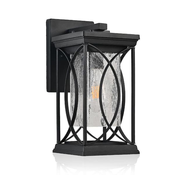 14 in. H 1 Light Black Outdoor Wall Lantern with Crackled Glass Exterior Light Fixture, E26, No Bulbs Included