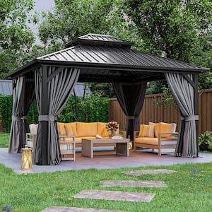 14 ft. x 12 ft. Outdoor Metal Hardtop Gazebo with Aluminum Frame, Double Roof, Netting and Curtain for Patio Backyard