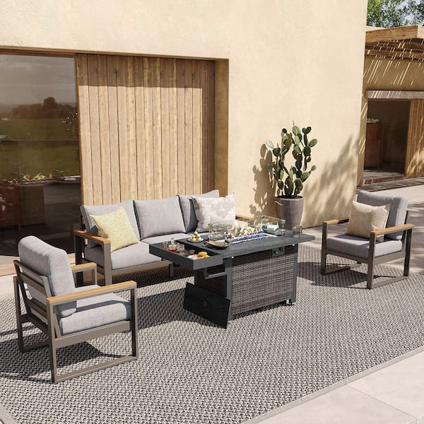 AURA OUTDOOR Outdoor 4-Piece Aluminum Patio Conversation Sets with 52 in. Propane Fire Pit Table and Gray Cushions