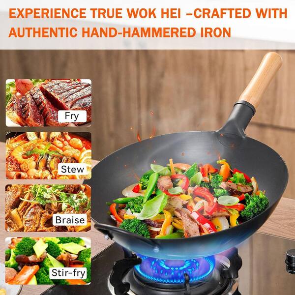 13" Nonstick Carbon Steel Wok With Lid - Pre-Seasoned Flat Bottom For All Stovetops