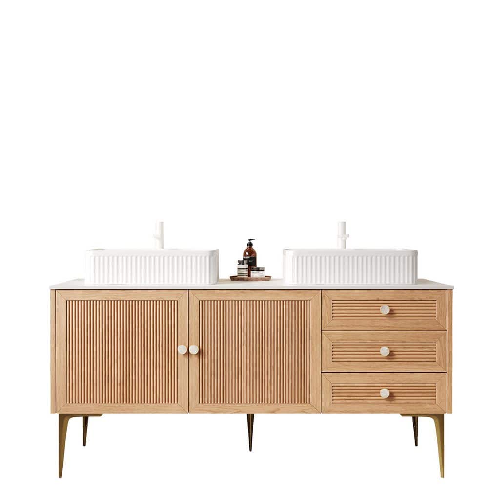 60 in. Double Sink Freestanding Oak Bath Vanity with White Sintered Stone Top price history on PriceWatchPro