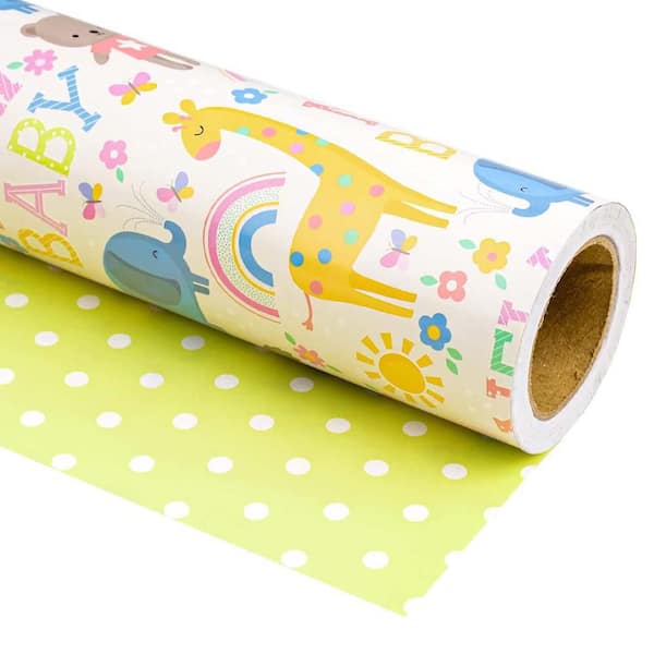 Reversible Baby Shower Wrapping Paper Mini Roll 17 in. x 33 Feet Animals and New Baby Design for Kids Birthday