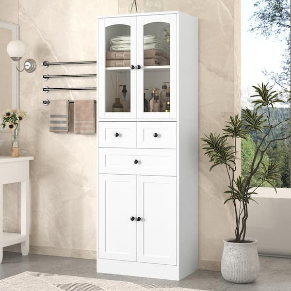 LORDEAR 23 in. W x 14.5 in. D x 67 in. H MDF Board White Freestanding Linen Cabinet, Four Doors Bathroom Storage Cabinet