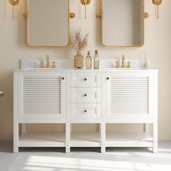 60 in. Double Sink Freestanding White Wood Bath Vanity with White Engineered Marble Top (Assembled)