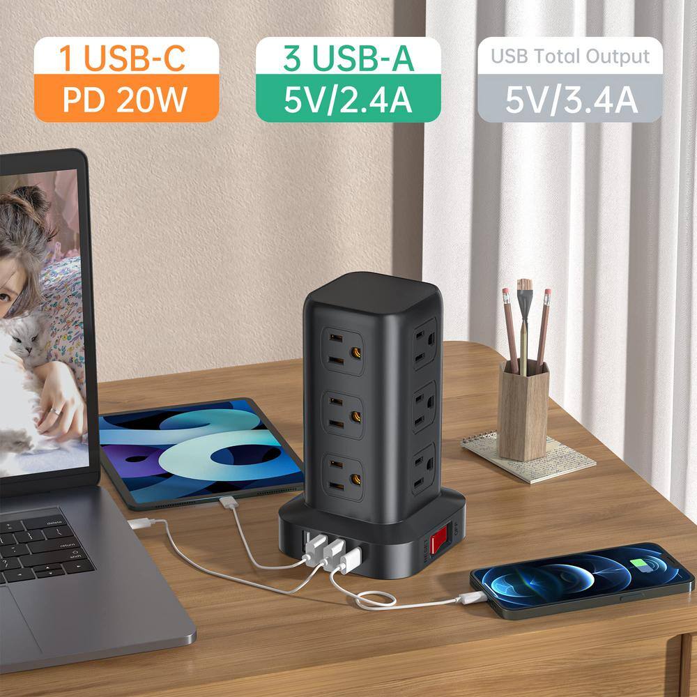 Black Tower Power Strip with 6.5 ft Cord and USB Ports