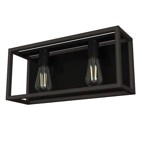 Squire Manor 17 in. 2-Light Matte Black Vanity Light with Dark Ash Frame
