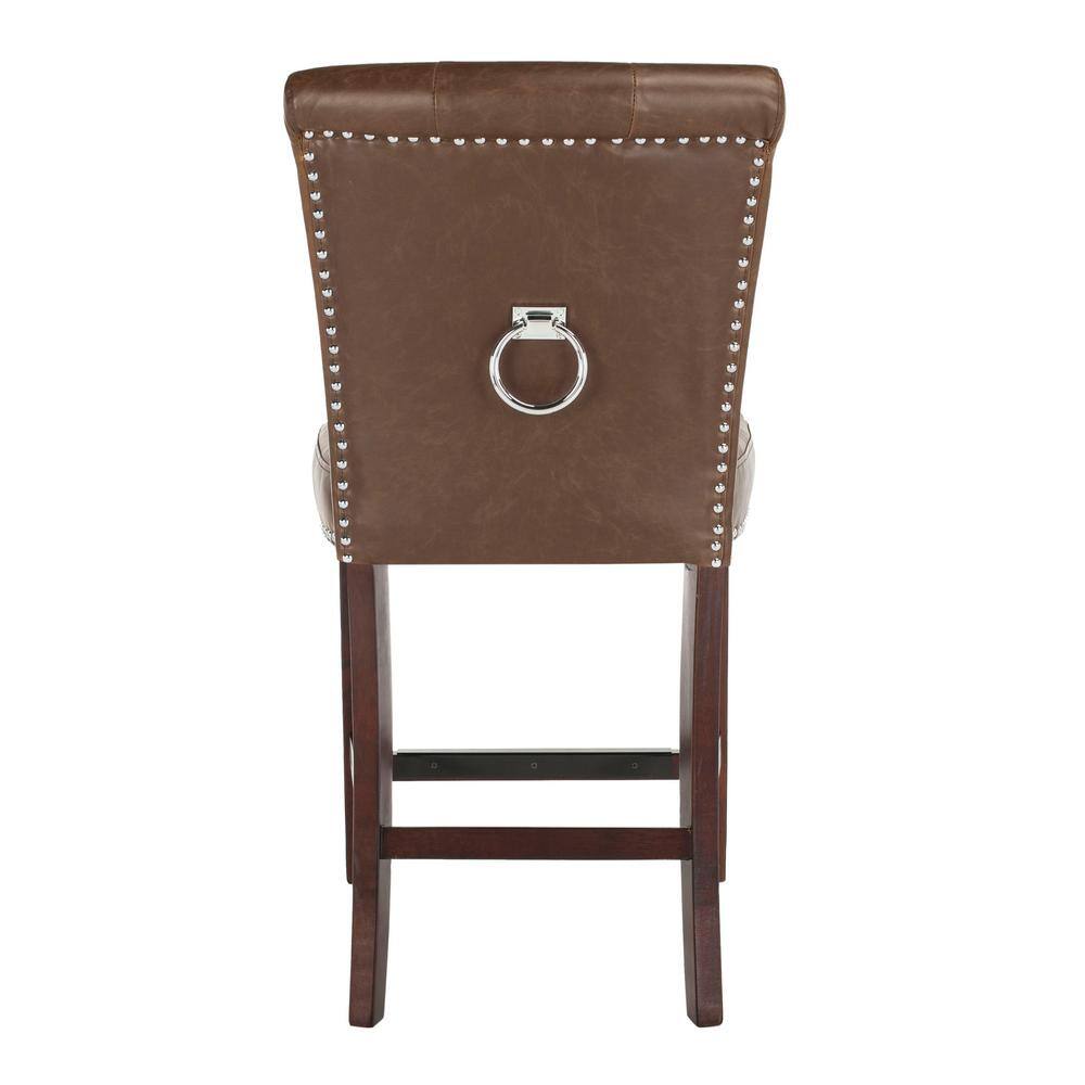 Transitional Tufted Brown Leather Counter Stool - Set of 2
