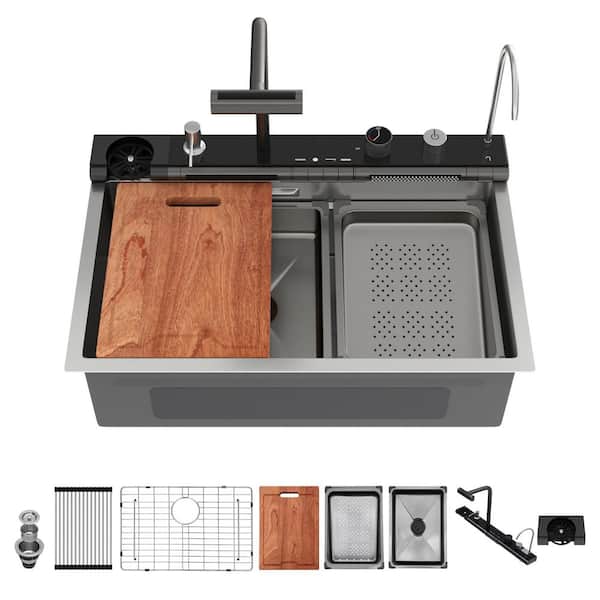 30 in. Drop-in Single Bowl 16 Gauge Black Stainless Steel Kitchen Sink and Drain, Pull Out Faucet