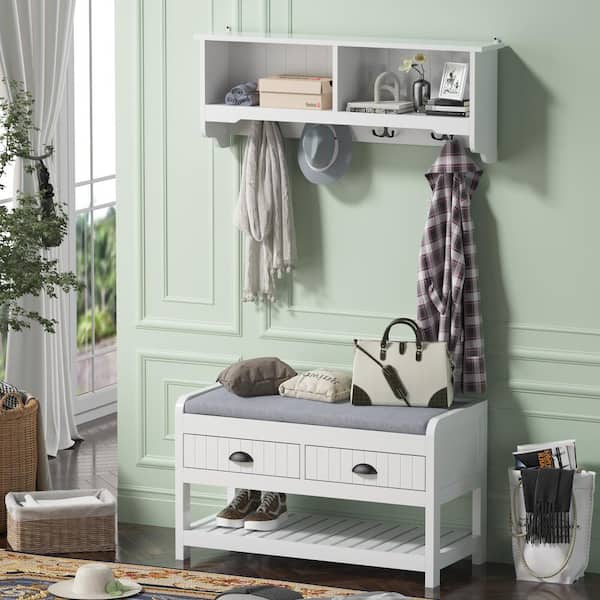 FUFU&GAGA White Wooden Wall Mounted Coat Rack Set with 4-Hooks and Shoe Storage Bench with 2 -Drawers