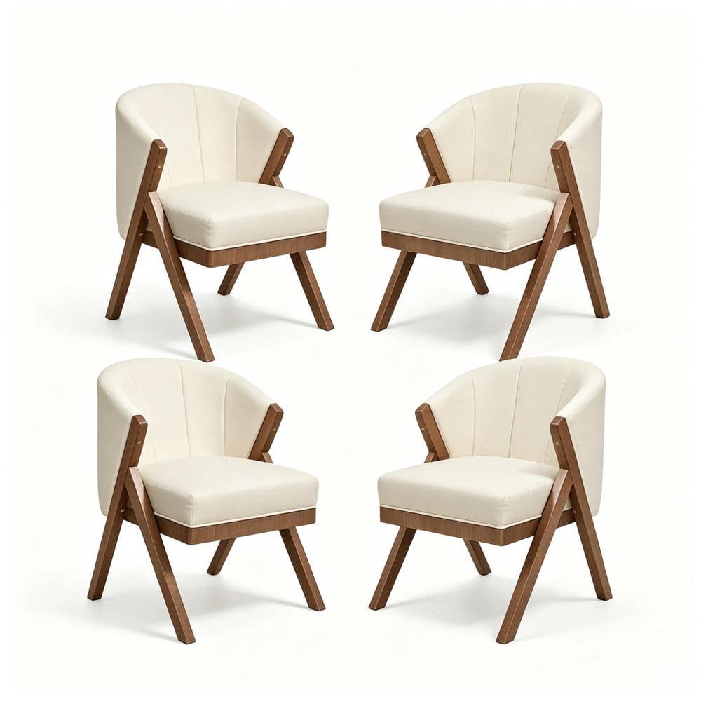 Beige Linen Upholstered Living Room Arm Chair with Wood Frame and Plush Cushion for Bedroom or Office (Set of 4)
