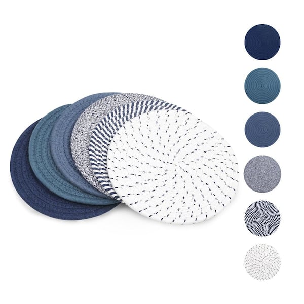 Blue Cotton Round Trivets for Hot Dishes, 6-Piece Set, 8 in Heat-Resistant Mats for Kitchen and Table