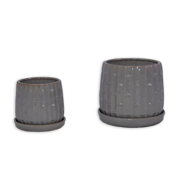 Chloe 5.31 in. and 7.09 in. Tall Antique Grey Round Ceramic Patio Outdoor Planter Set (2-Pack)