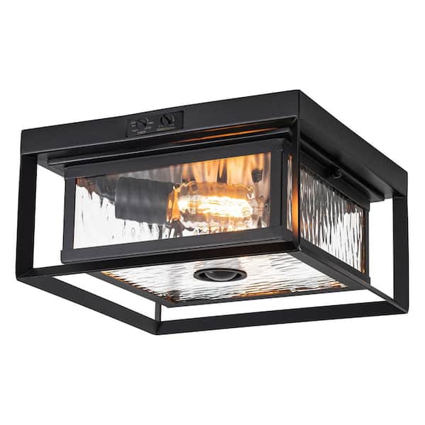 11 in. 2-Light Black Motion Sensing Non-Dimmable Outdoor No Bulb Included Flush Mount Ceiling Light (1-Pack)
