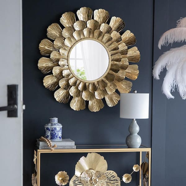 White 37 in. W x 37 in. H Art Deco Round Iron Framed Mirror Wall Mirror Wall Decor Mirror