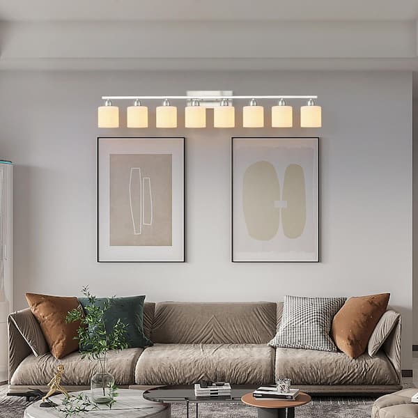 52 in. W 8-Light Nickel Vanity Light with Frosted Glass Shades, Up/Down Mount for Mirror, Hallway (No Bulb included)