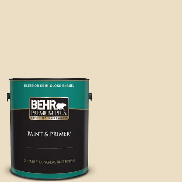 BEHR PREMIUM PLUS 1 gal. #PPL-76 Ecru Semi-Gloss Enamel Exterior Paint & Primer