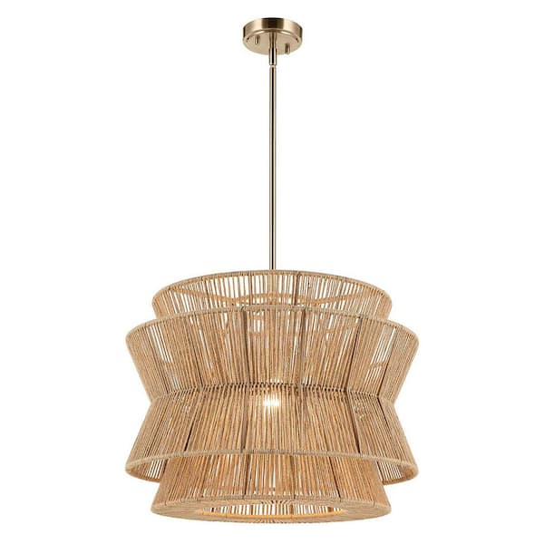 Ophira 22 in. 1-Light Champagne Bronze Boho Kitchen Pendant with Jute Shade