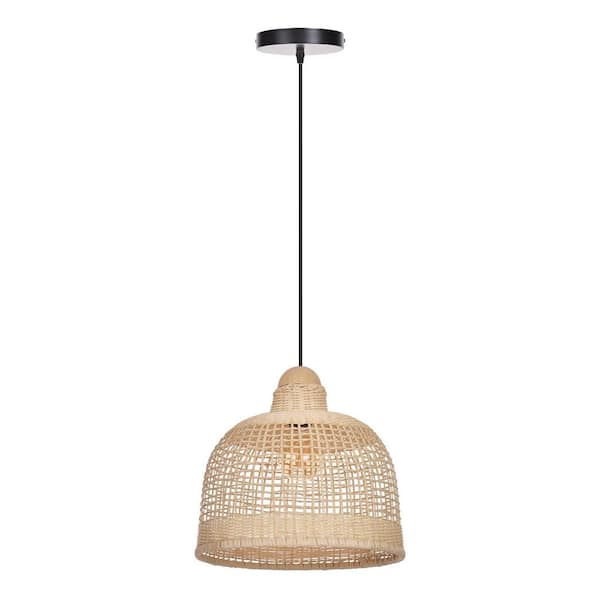 1 Light Natural Hand-Woven Rattan Pendant Light with Basket Shape, No Bulbs Included 11 in.