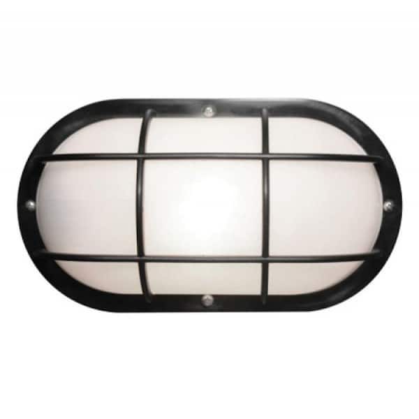 Nautical Oblong Black Outdoor Hardwired Bulkhead Sconce with 3000K LED Bulb and Grid-Style Diffuser Cage