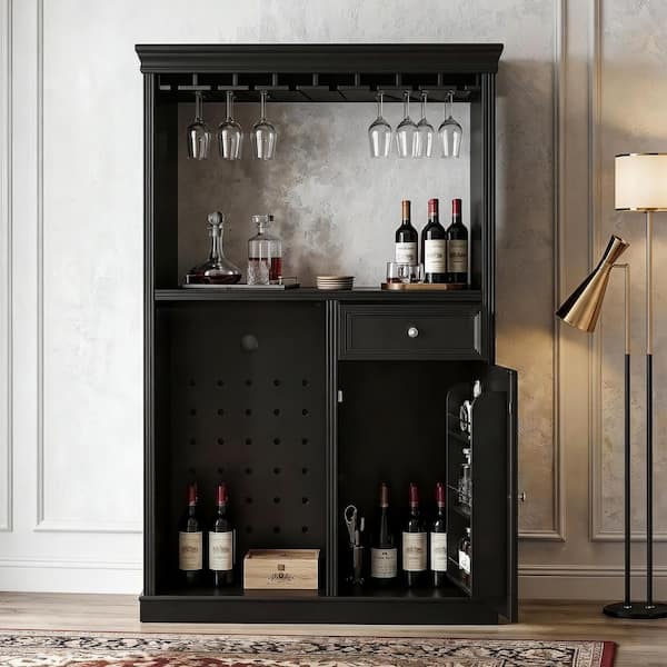 FUFU&GAGA 12-Bottle Midnight Black 39.4 in. W Wine Cabinet with Wine Glass  Rack, Drawer, Enclosed Cabinet, Wine Fridge Space ZN-KF150280-01