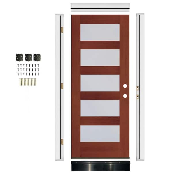 36 in. x 80 in. Modern Left-Hand 5-Lite Frosted Glass Amaretto Stain Mahogany Wood Front Door Kit w/ Quick Assemble Jamb