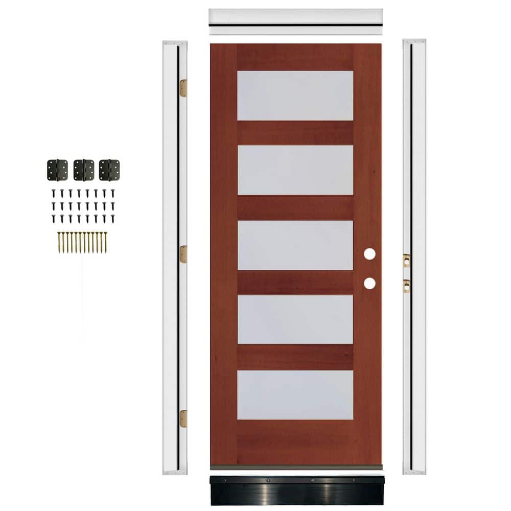36in. x 80in. Modern Left-Hand 5-Lite Frosted Glass Amaretto Stain Mahogany Wood Front Door Kit w/Quick Assemble Jamb price history on PriceWatchPro