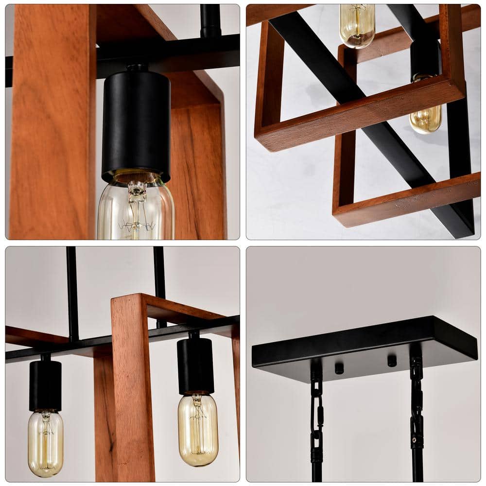 36" Matte Black and Rustic Wood Rectangular Island Chandelier