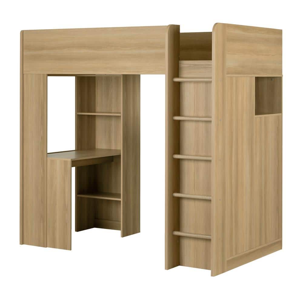 Natural Twin Loft Bed with Desk and Storage Drawers