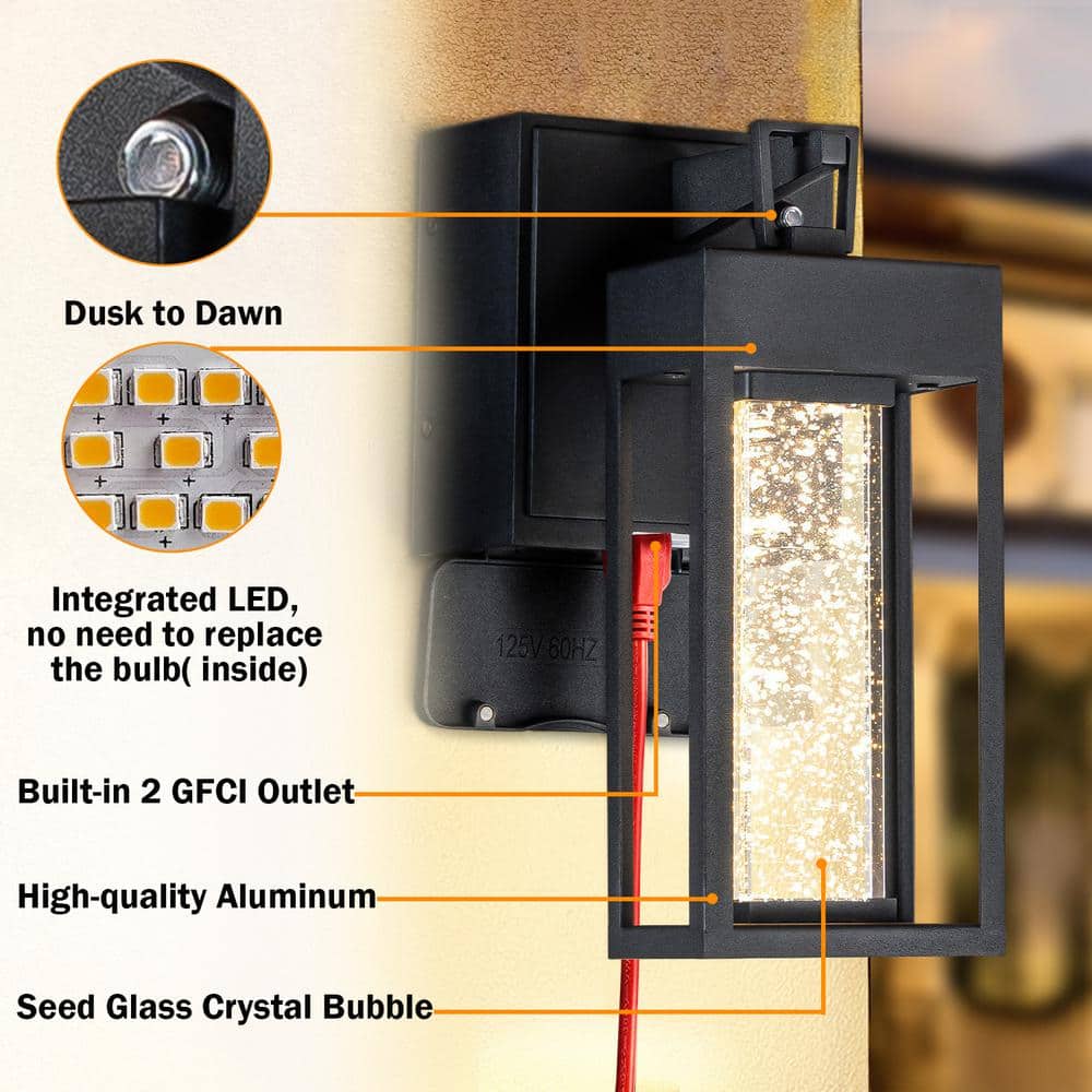 Matte Black Metal LED Outdoor Lantern Sconce with Seeded Glass