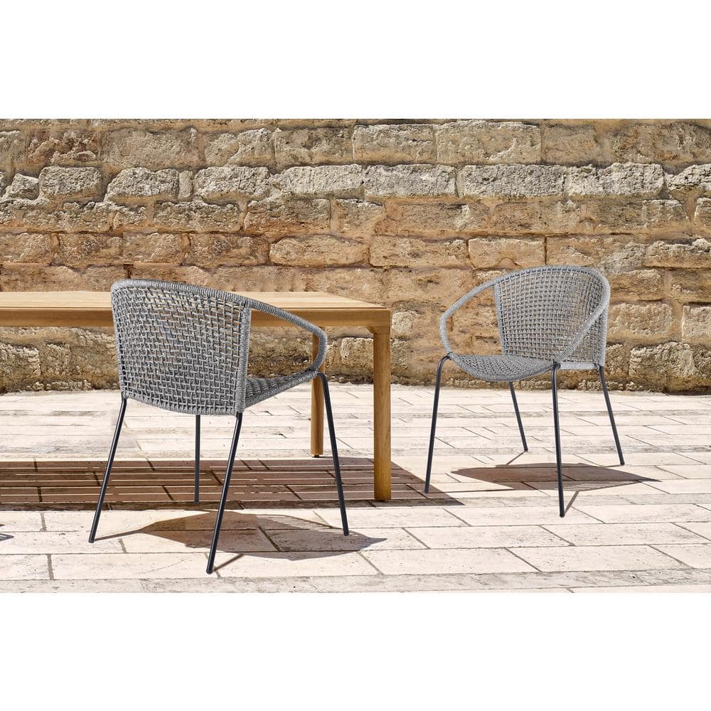 Snack Stackable Steel Indoor Outdoor Dining Chair with Grey Rope (Set of 2)