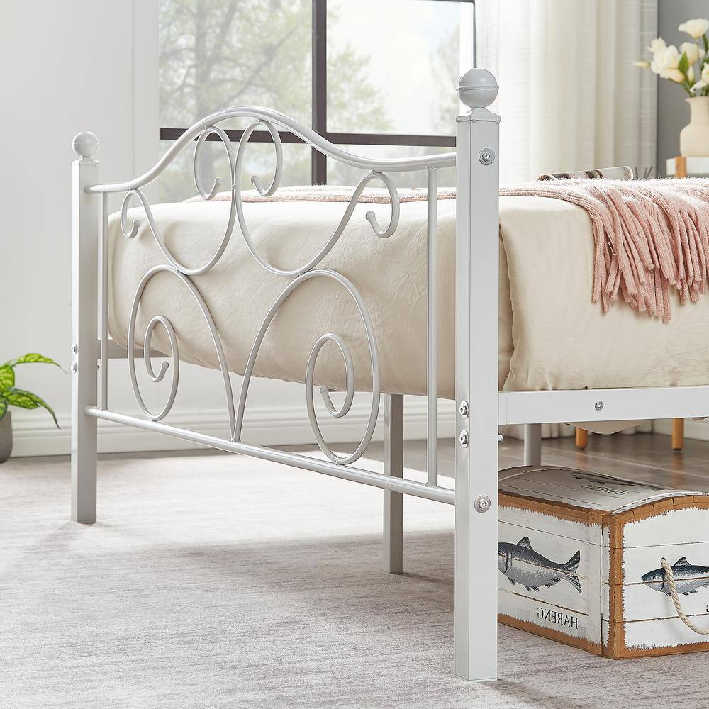 Elegant White Metal Full Size Platform Bed Frame with Headboard