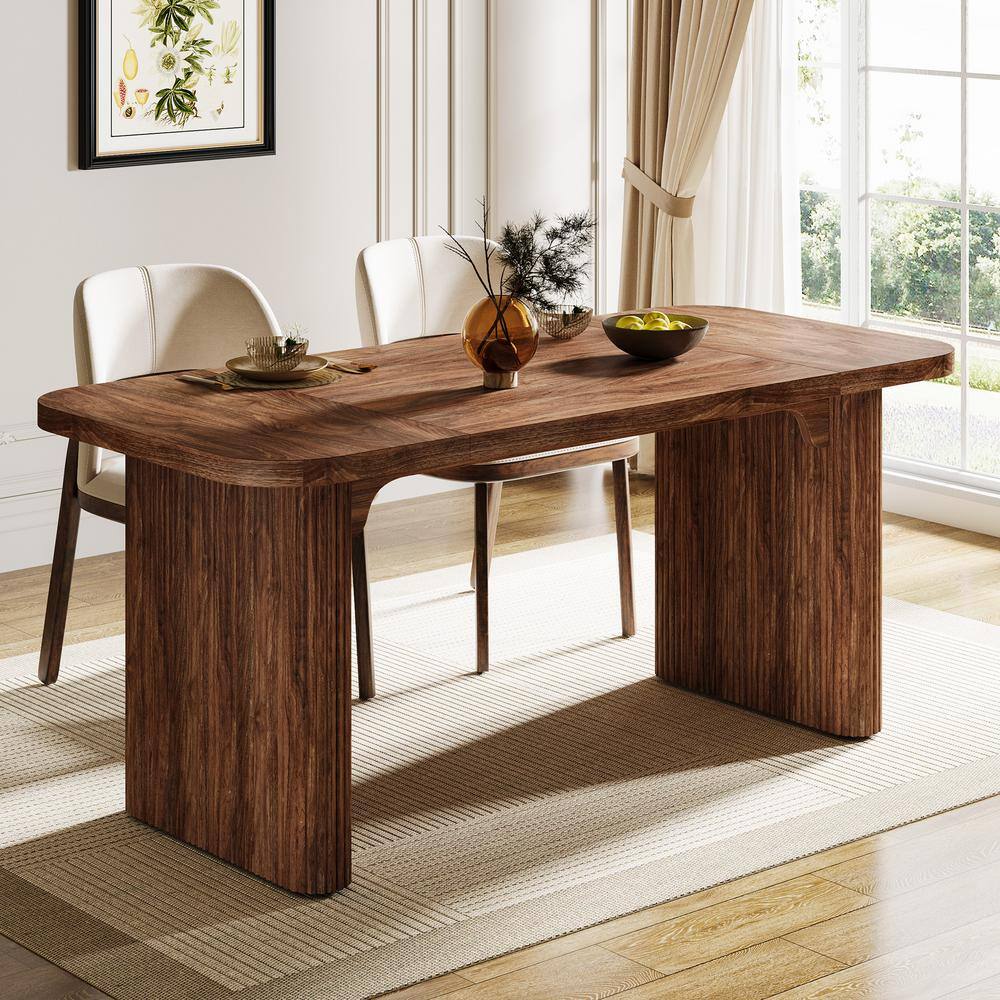 Roesler Brown Wood 62 in. Rectangle Dining Table, Wood Kitchen Table with Double Pedestal for Dining Room, Seats 6
