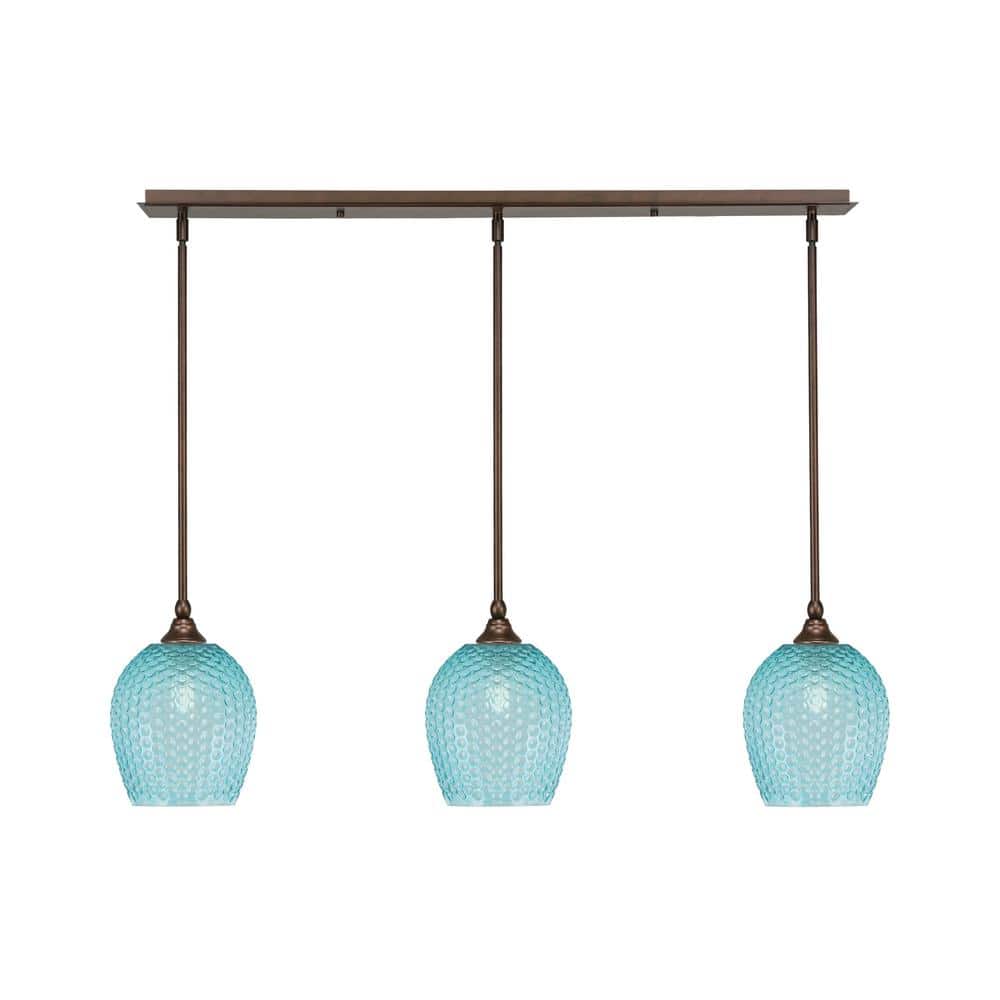 Livingston 100-Watt 3-Light Bronze Shaded Pendant Light with 7.5 in. Turquo