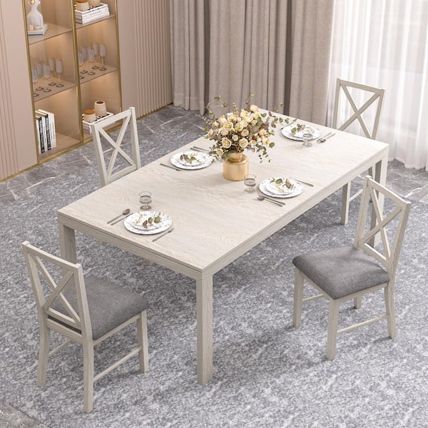 5-Piece Extendable Dining Table Set with Upholstered X-Back Chairs, Farmhouse Wood Top for Dining Room, Gray Set for 4