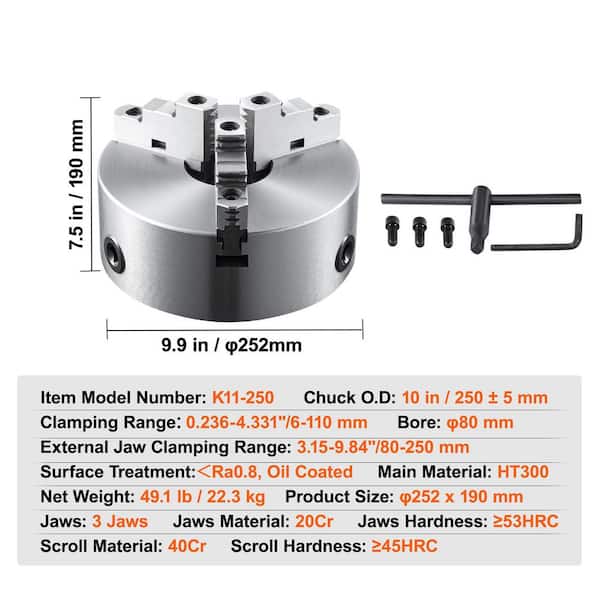 SKYSHALO 3-Jaw Lathe Chuck, 10 in. Self-Centering Lathe Chuck