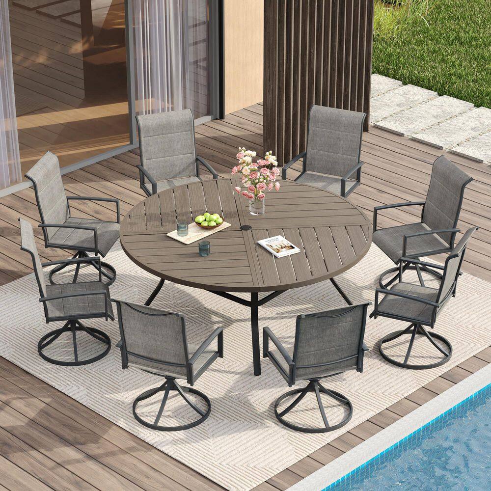 9-Piece Metal Outdoor Dining Set with 59.8 in. Gray Wood-Like Round Table and 8 Gray Swivel Dining Chairs for 8 Person price history on PriceWatchPro