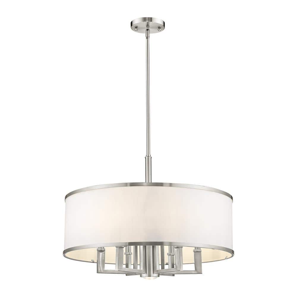 Brushed Nickel 6-Light Drum Chandelier with Off-White Fabric Shade