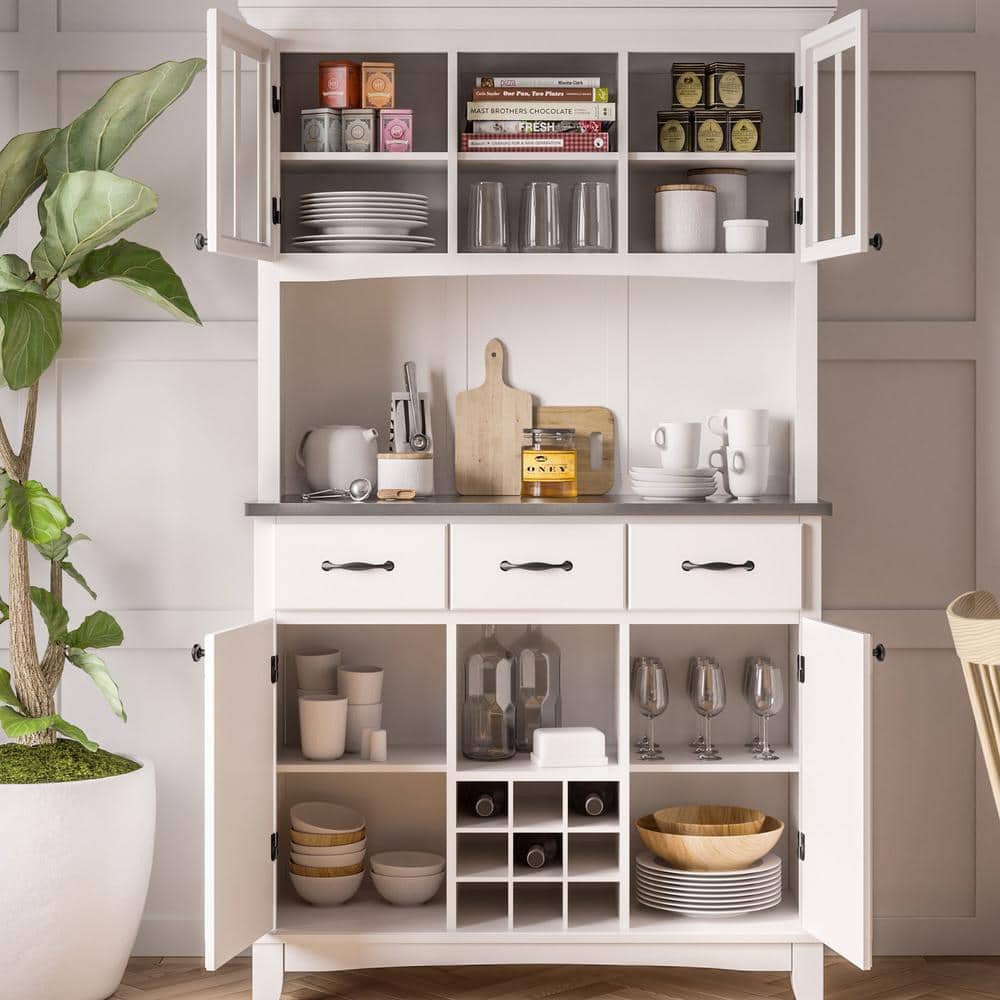 White Wood Buffet with Stainless Steel Top and Hutch