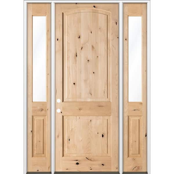 70 in. x 96 in. Knotty Alder 2-Panel Arch-Top Right-H and/Inswing Clear Glass Unfinished Wood Prehung Front Door W/DHSL