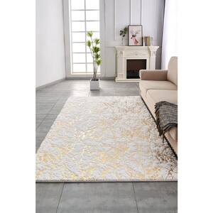 Lily Luxury White 7 ft. x 10 ft. Chinchilla faux fur Abstract Gilded Rectangular Area Rug