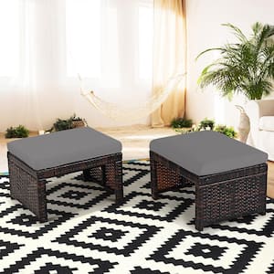 2-Pieces Wicker Outdoor Rattan Ottoman Seat Foot Rest Furniture with Grey Cushion