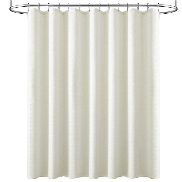 Waffle Weave Fabric Shower Curtain with Metal Hooks Heavy Duty Washable Waterproof Thick Cloth in Ivory [72 x 72]