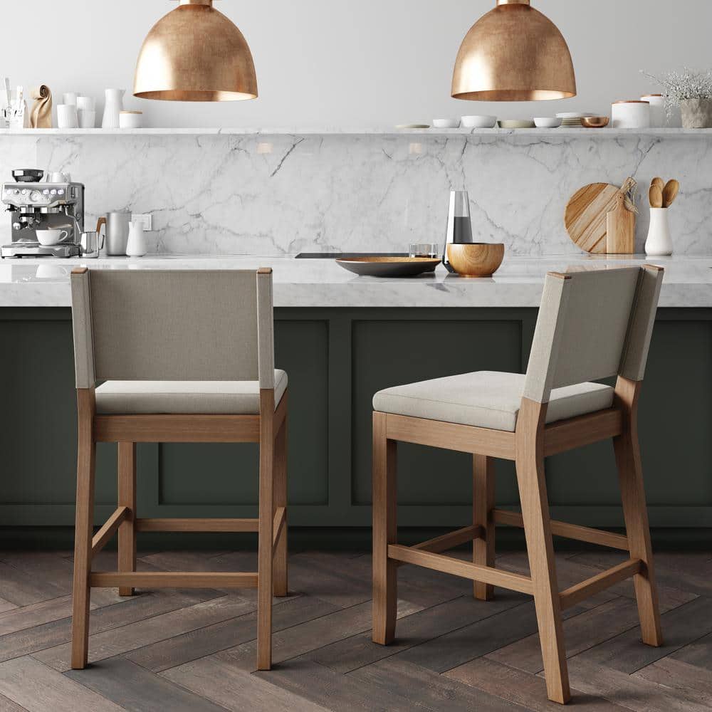 Linus Natural Flax Upholstered Counter Height Bar Stools with Rubberwood Legs, Set of 2