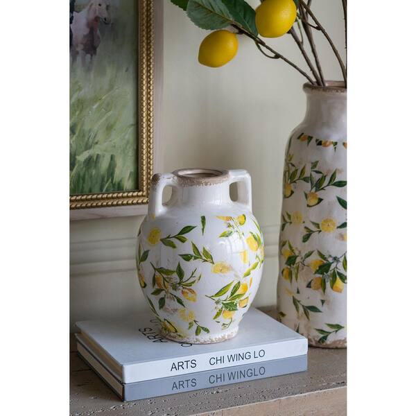 6.7 x 6.7 x 8.7 in. White Amphora Ceramic Vase with Yellow Lemon