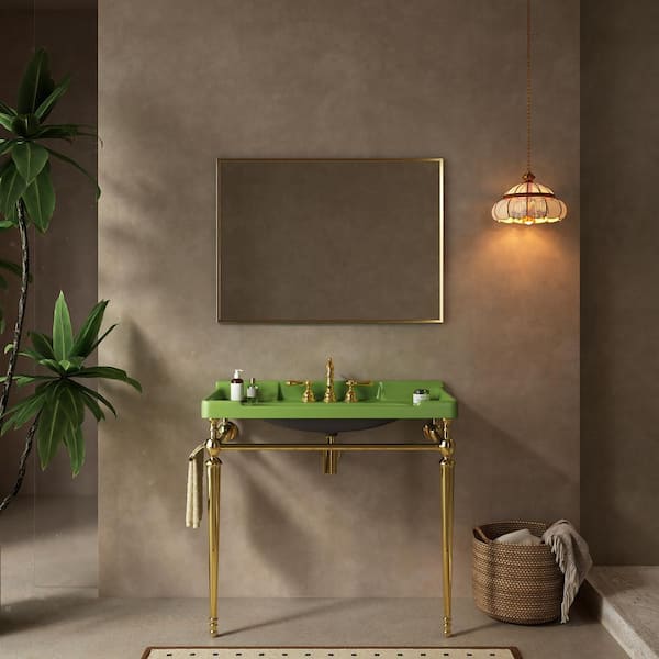 36 in. Green Ceramic Single Bowl Console Sink and Gold Legs Combo with 1-Towel Bar and 3-Faucet Holes