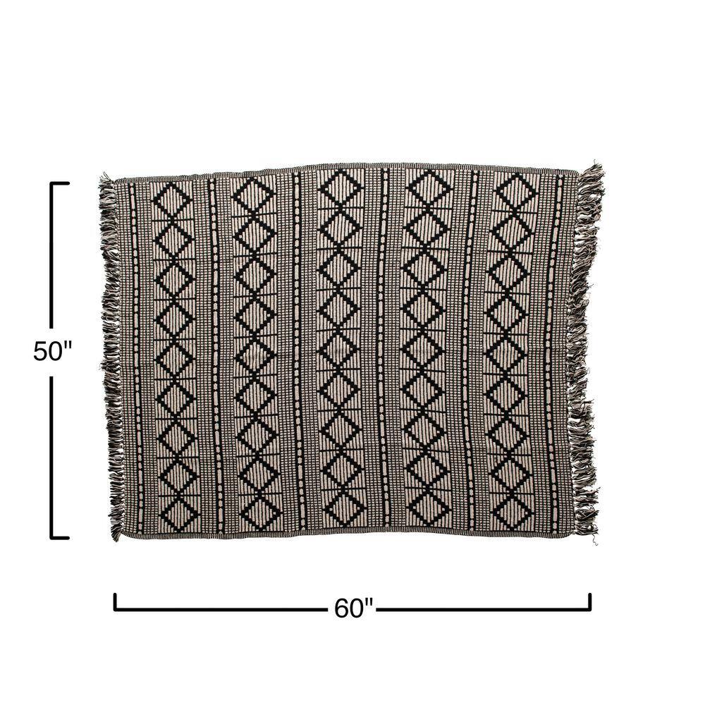 Bloomingville Black & Beige Diamond-Patterned Cotton Blend Throw with Fringe